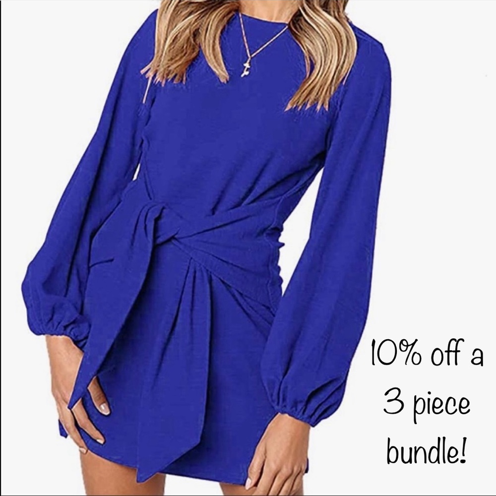 Women’s Lantern Sleeve Short Dress Crewneck Tie Waist Knit Cocktail Dress